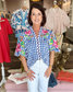 THML Puff Sleeve Embroidery Textured Top Blue Gingham
