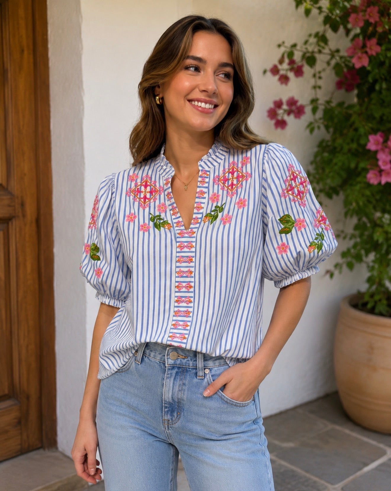THML Puff Sleeve Striped Embroidery Detail V-Neck Top