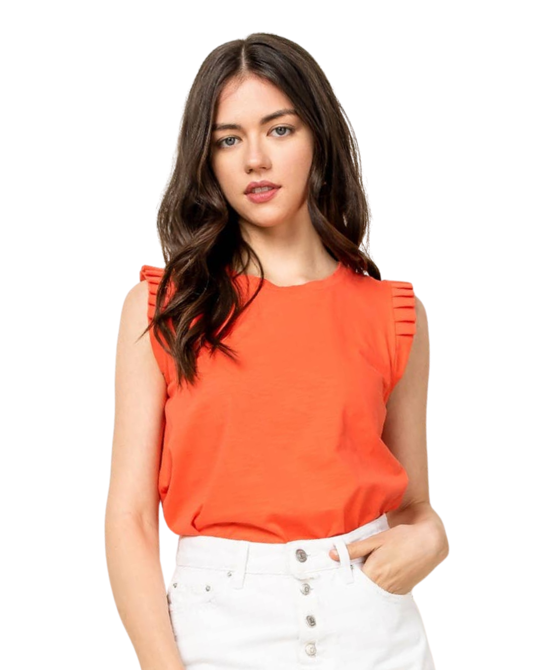 Sleeveless Knit Top with Ruffled Shoulder Orange
