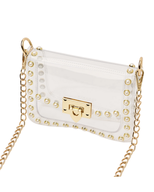 Clearly Bags Jackie in Pearl Clear Handbag – transparent PVC crossbody with pearl studs, gold chain strap, and twist-lock closure.