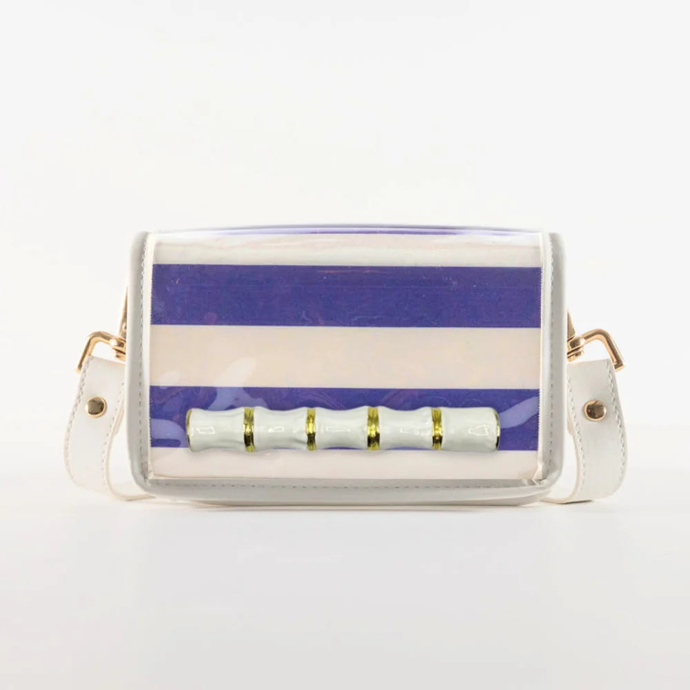 Petite Purple Stripe Clear Stadium Bag with White Bamboo Stick