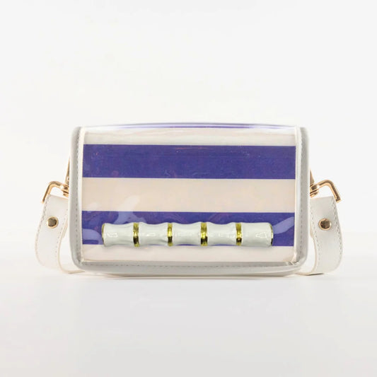 Petite Purple Stripe Clear Stadium Bag with White Bamboo Stick