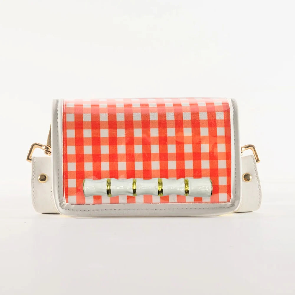 Petite Orange Gingham Clear Stadium Bag with White Bamboo Stick