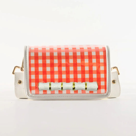 Petite Orange Gingham Clear Stadium Bag with White Bamboo Stick