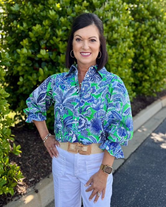 Vilagallo Blue Green Tropical Print Shirt