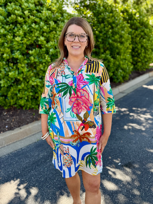 Vilagallo Multicolored Palm Tree Print Shirt Dress Southern Girl Chic Women's Boutique