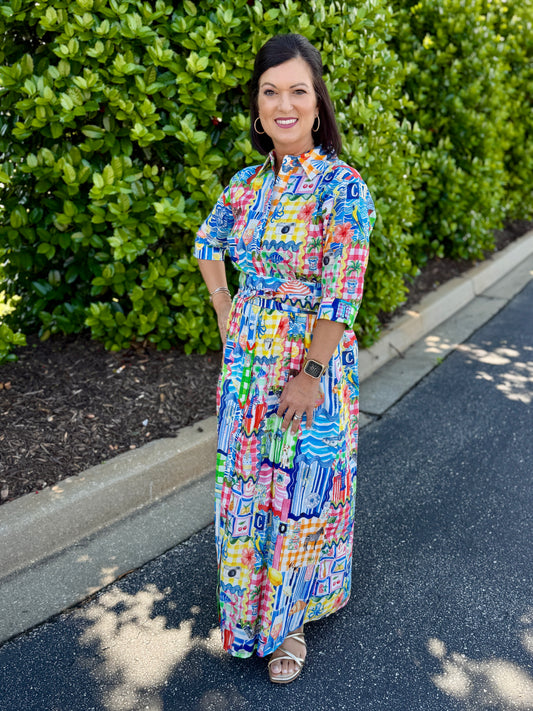 Vilagallo Multicolored Print Shirt Dress With Waist Women's Boutique Southern Girl Chic