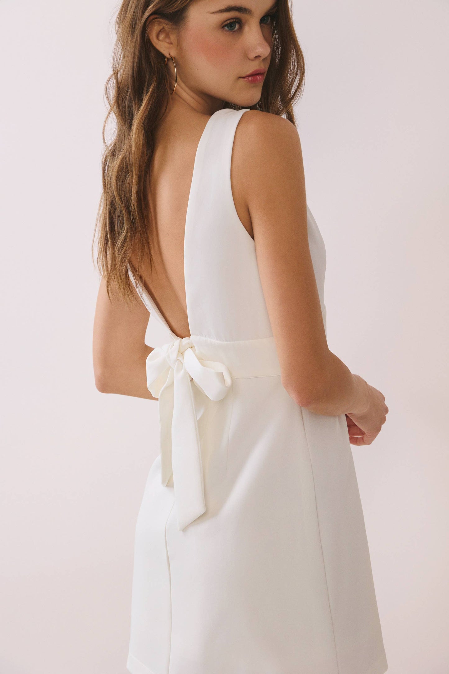 Wide Waistband Back Self Tie Bow Mini Dress