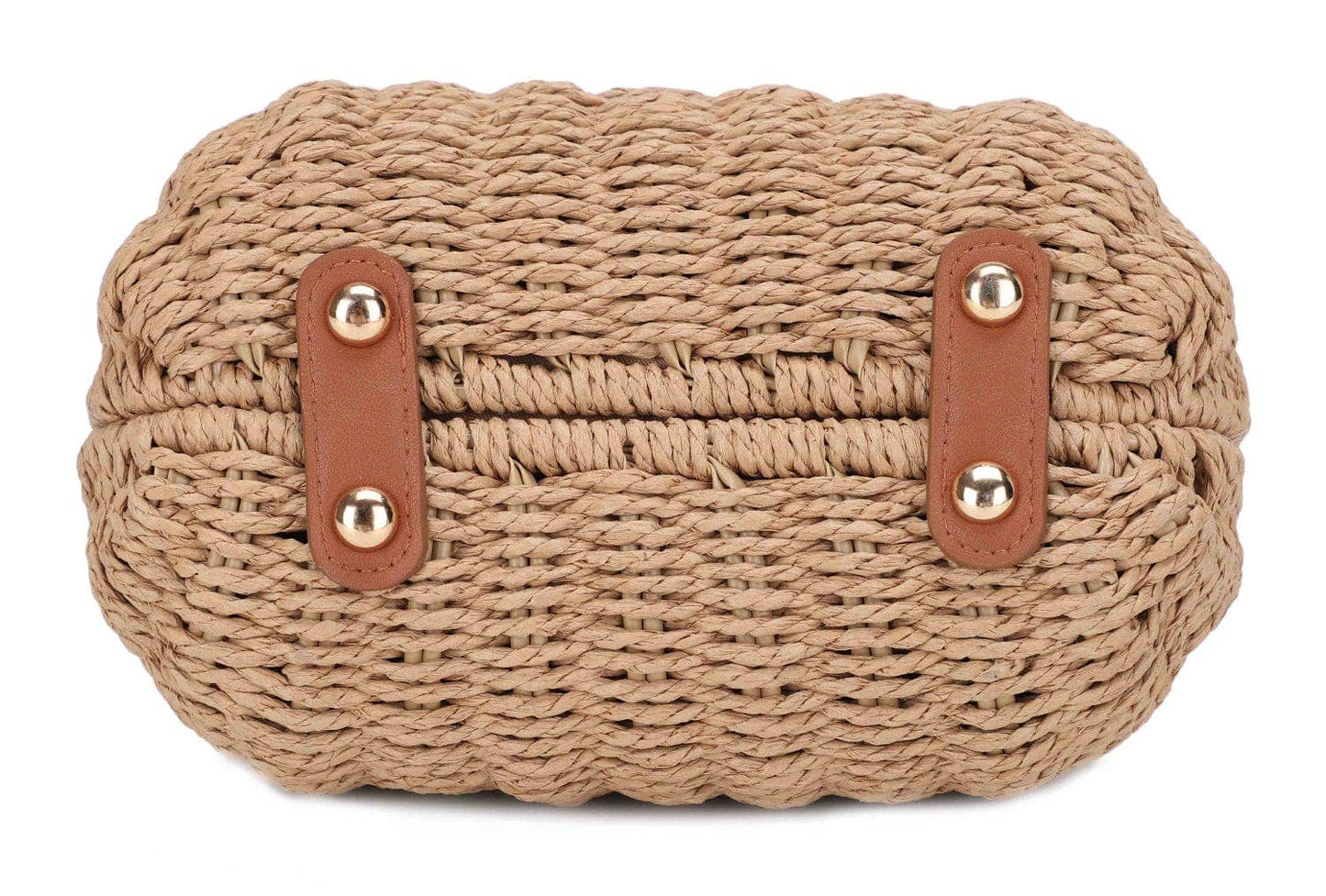 Straw Crossbody Bag With Beaded Buckle: Beige Brown