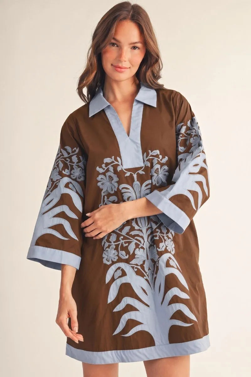 Floral Applique Shift Dress Brown and Blue