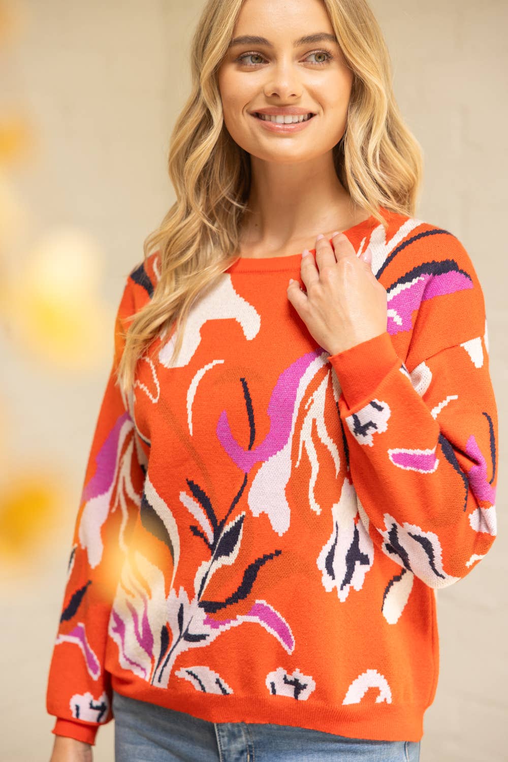 Long Sleeve Oversized Floral Sweater Top Orange
