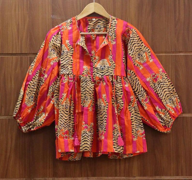 Orange Stripes Tiger Short Block Print Blouse