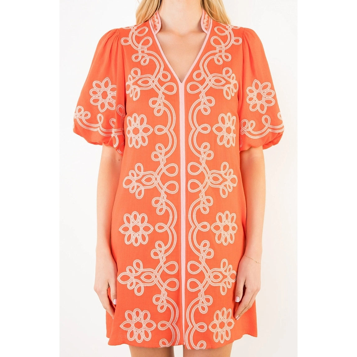 THML Embroidered Bubble Sleeve Dress Orange