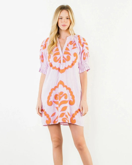 THML Puff Sleeve Embroidery Detail Dress Pink