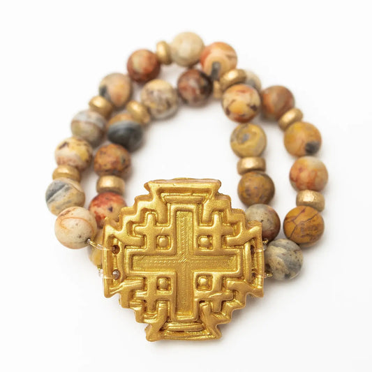 Hidden Truth Crazy Lace Agate with Jerusalem Cross Bracelet