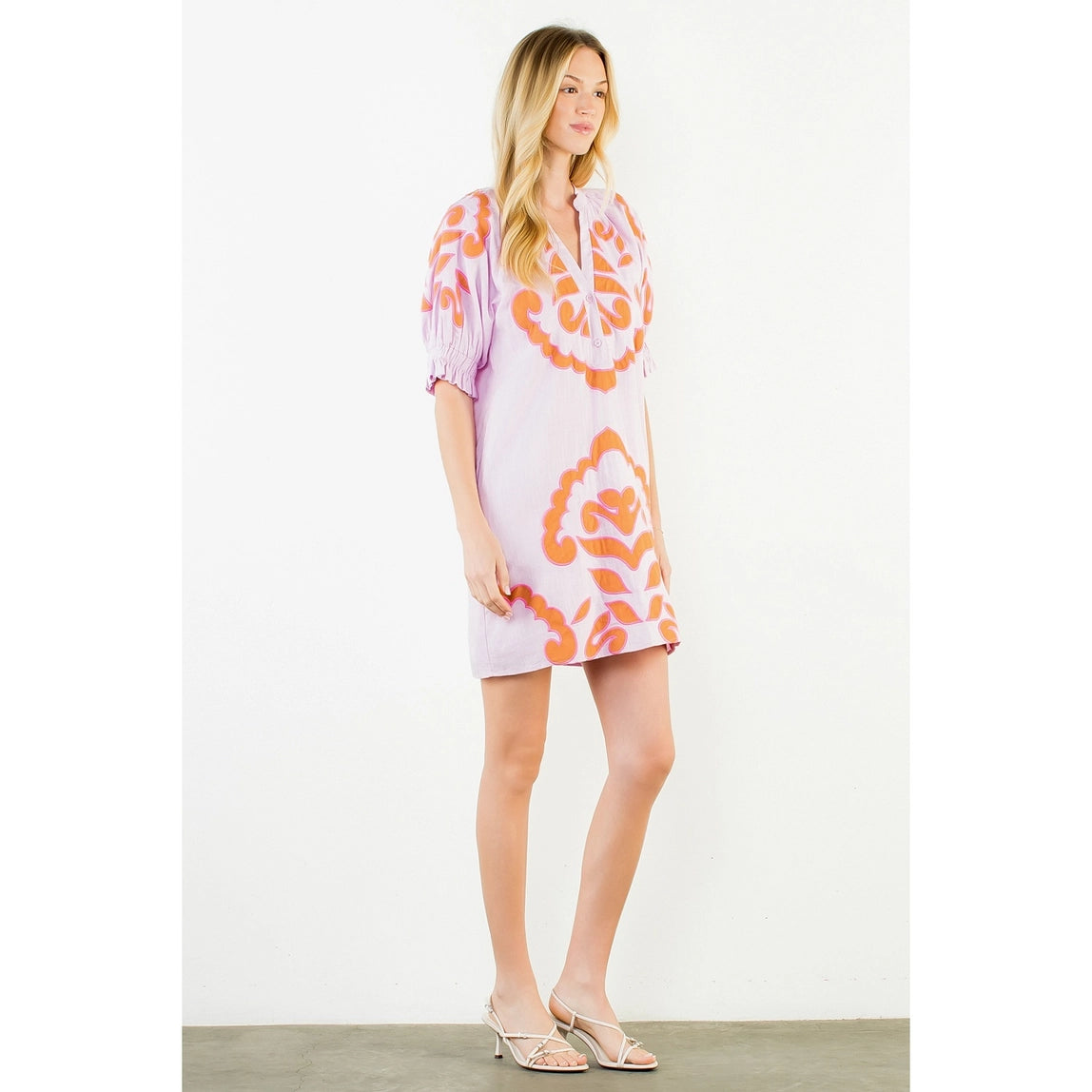 THML Puff Sleeve Embroidery Detail Dress Pink