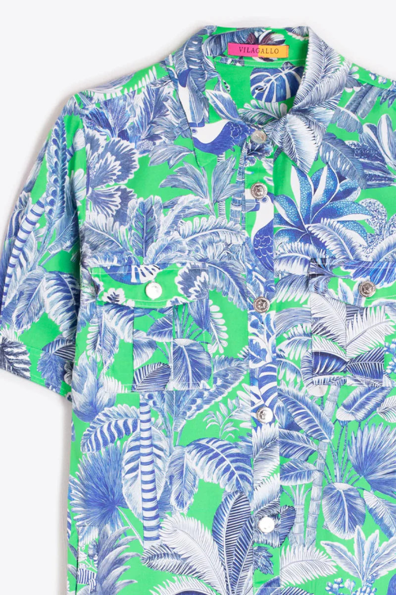 Vilagallo Blue and Green Leaf Print Shirt Dress