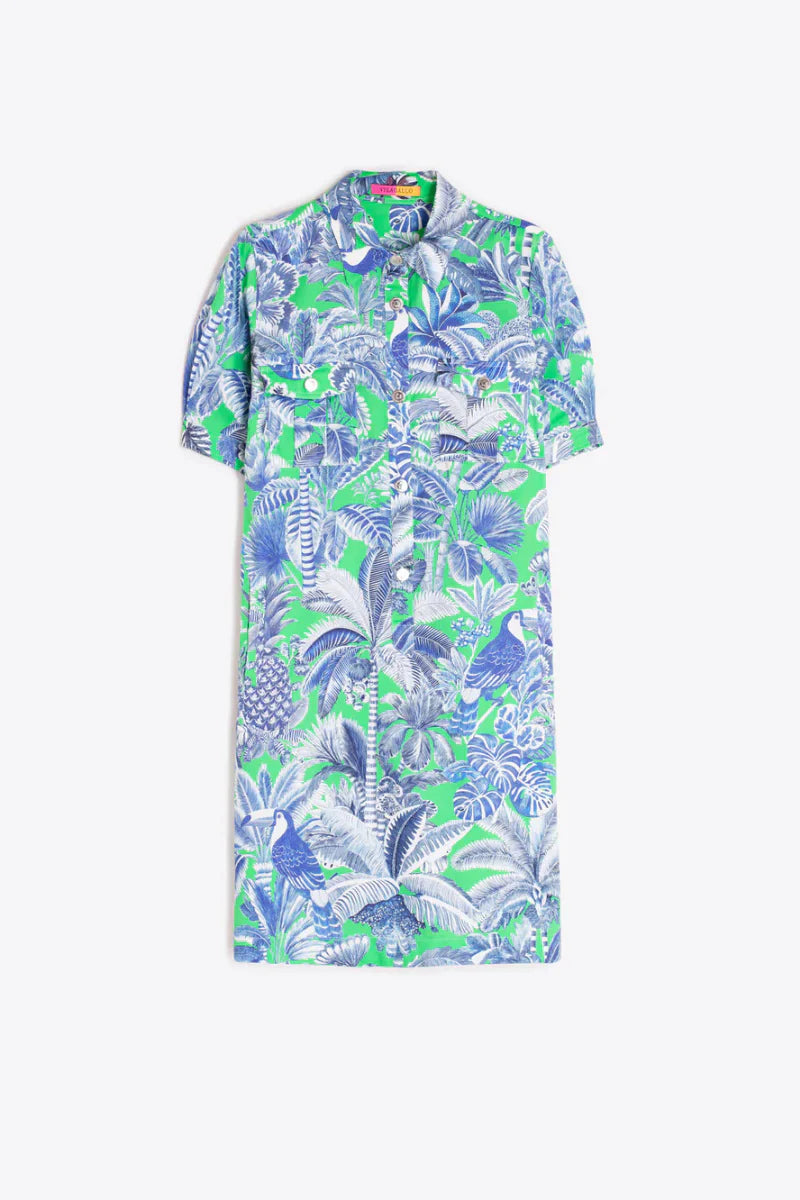 Vilagallo Blue and Green Leaf Print Shirt Dress