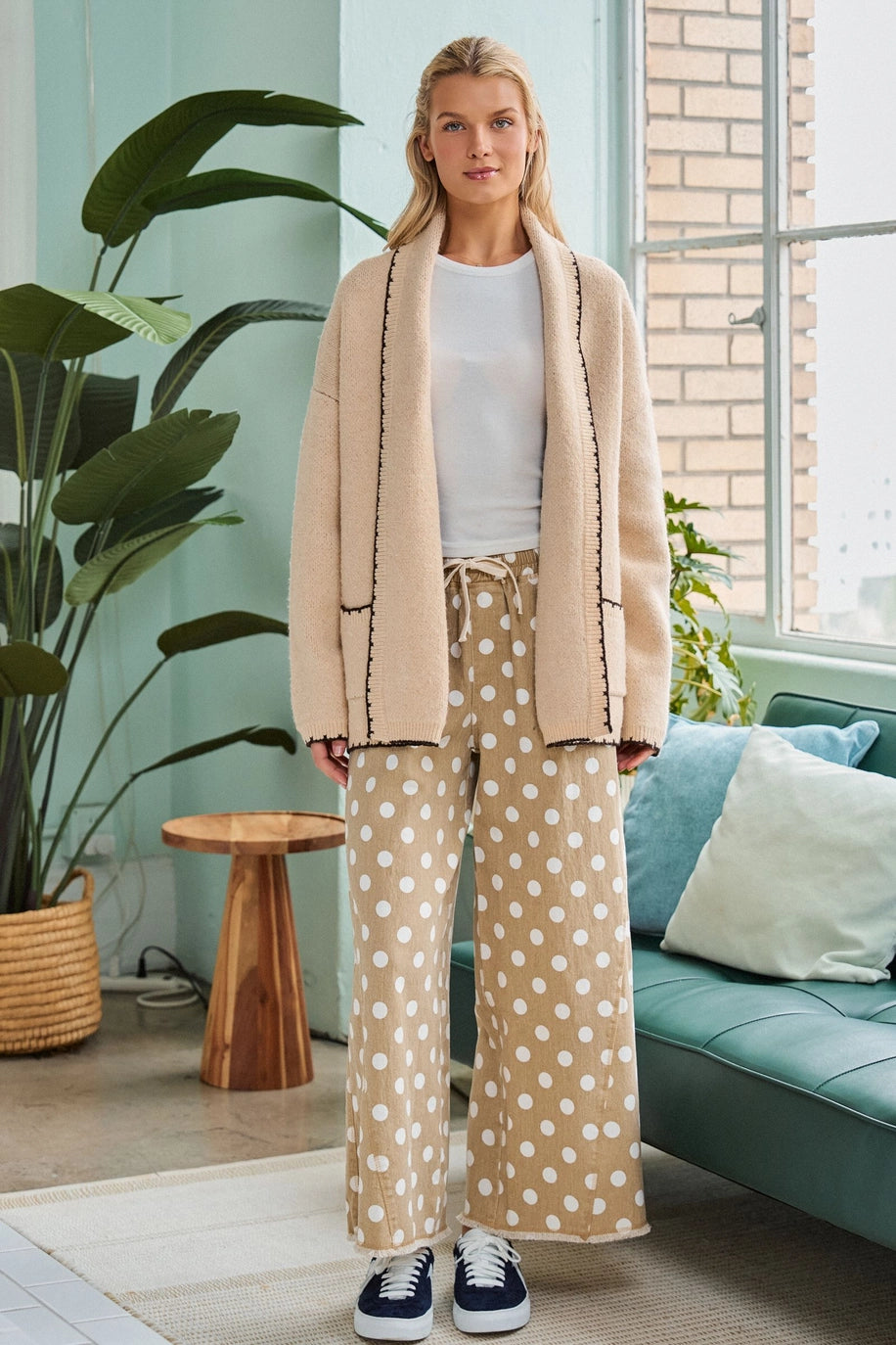 Polka Dot Raw Hem Wide Leg Pants