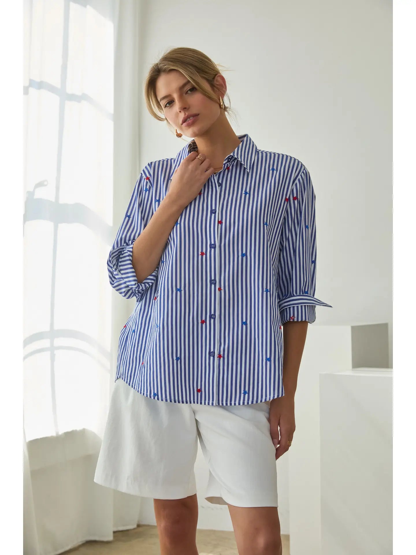 Star Embroidered Striped Button Down Top