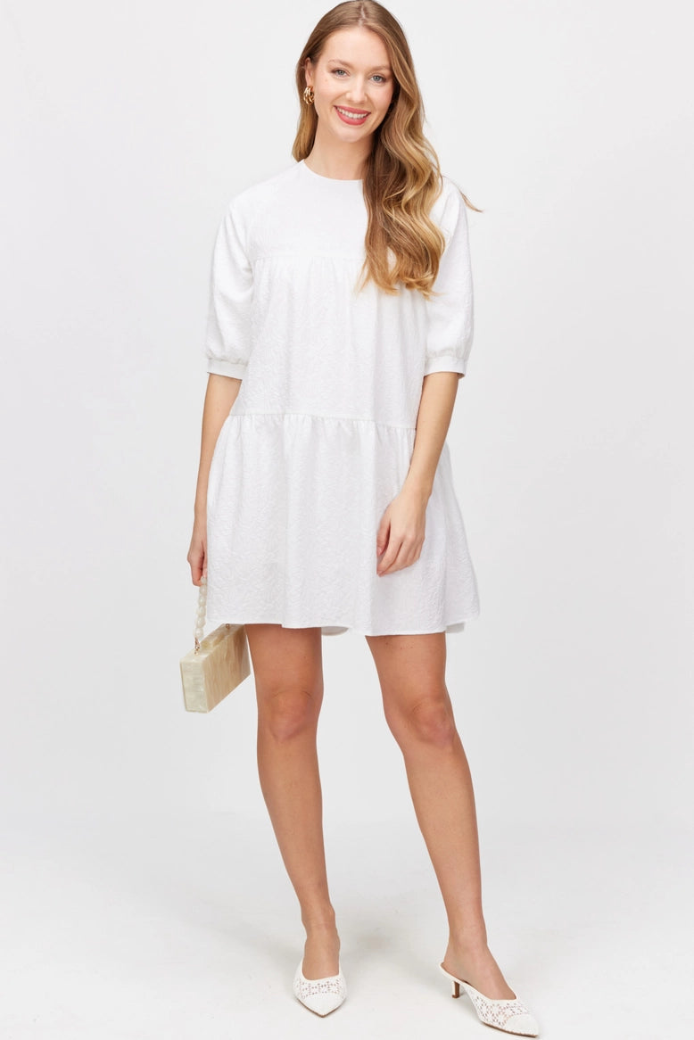 Floral Jacquard Puff Sleeve Tiered Mini Dress White