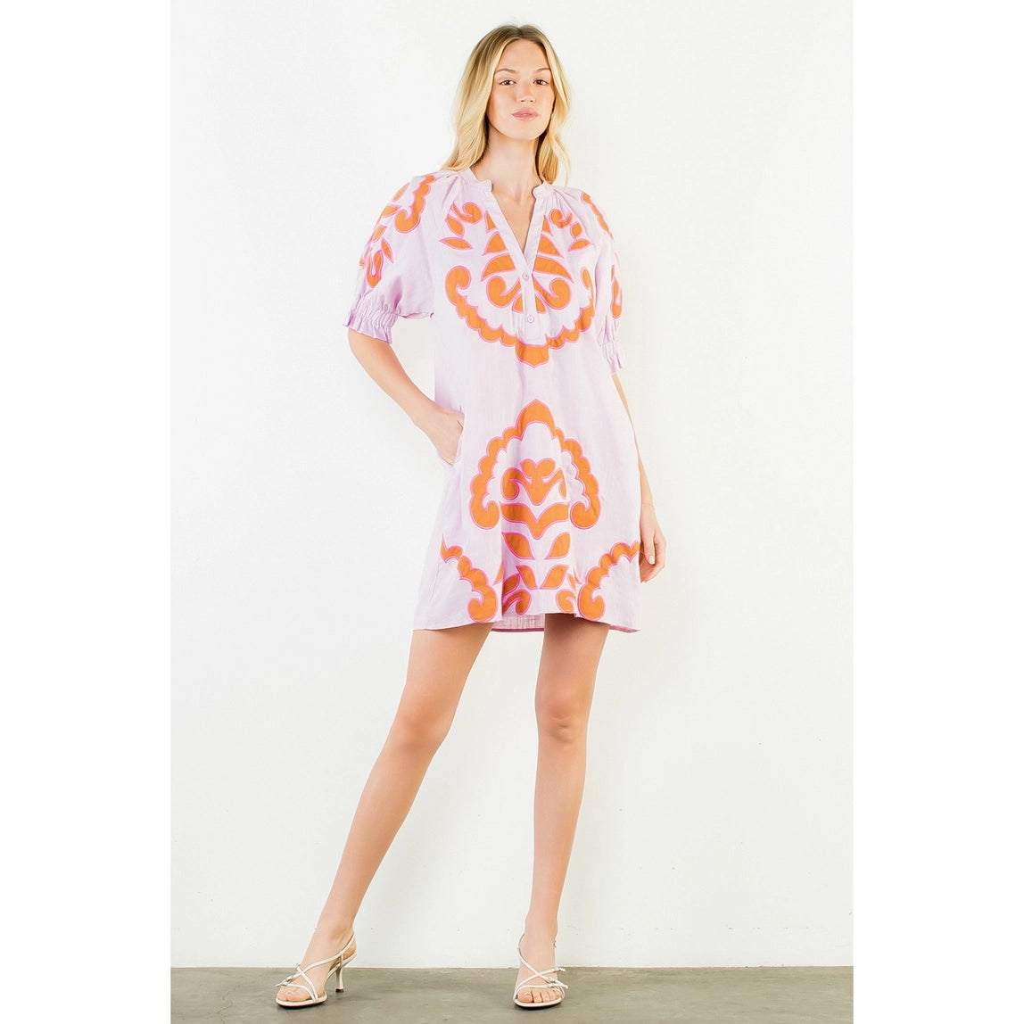 THML Puff Sleeve Embroidery Detail Dress Pink