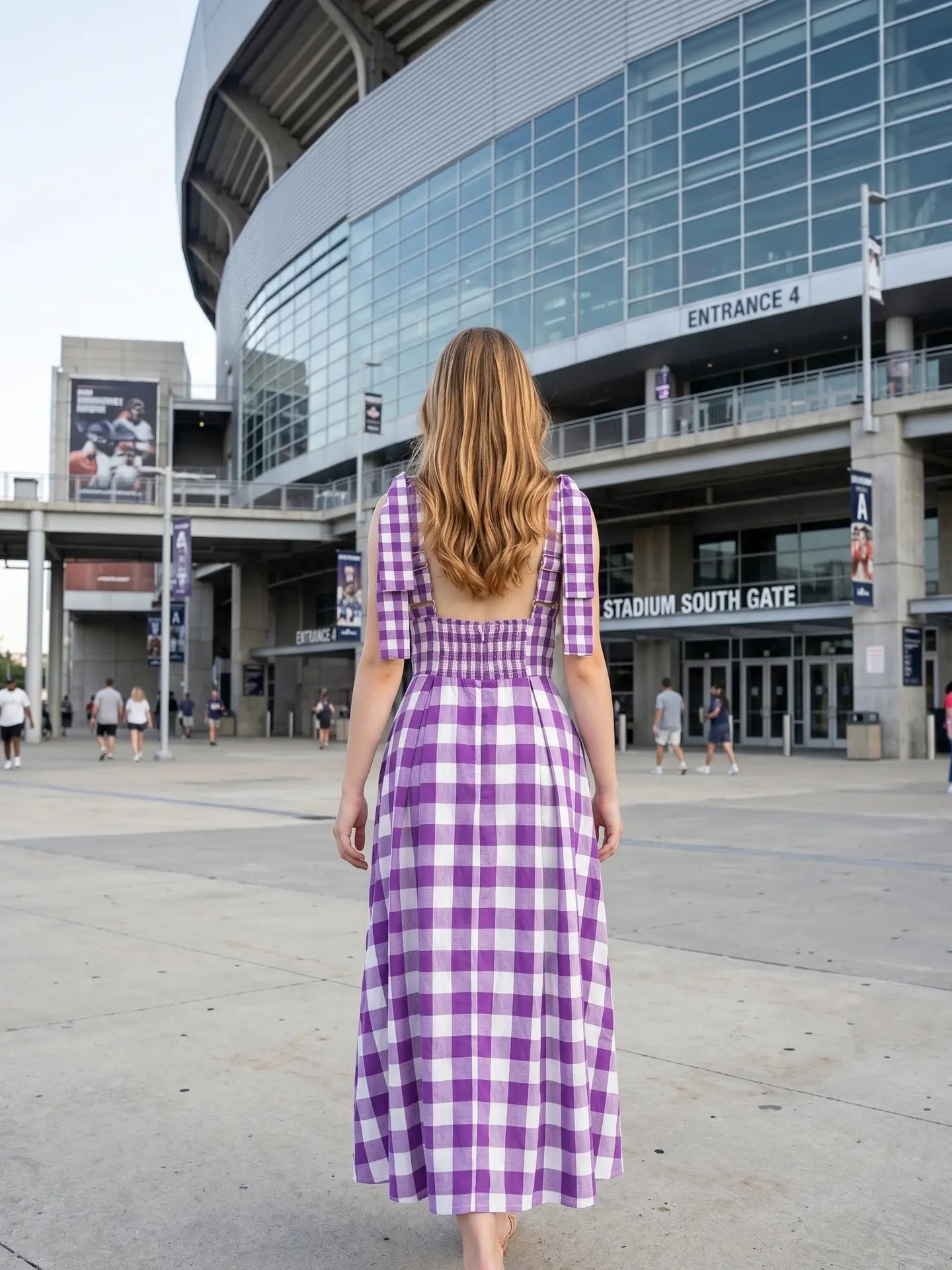 Check Pattern Tie Shoulder Maxi Dress