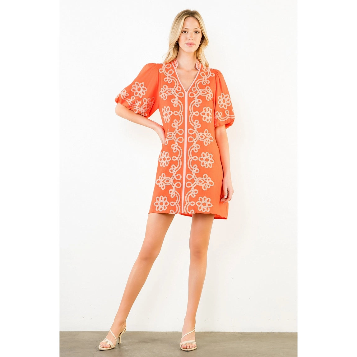 THML Embroidered Bubble Sleeve Dress Orange