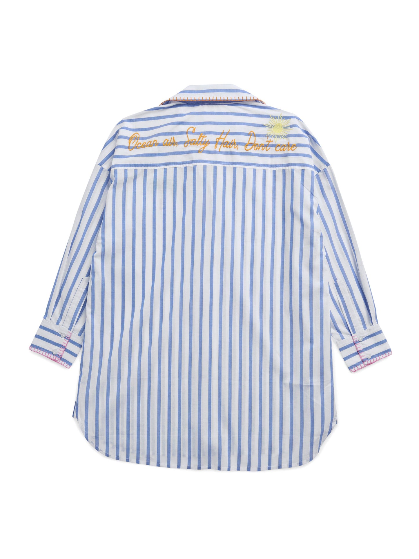 Shiraleah Ocean Air Cover-Up Shirt, back view, blue and white stripes, orange embroidered text, sun graphic, pink trim details.