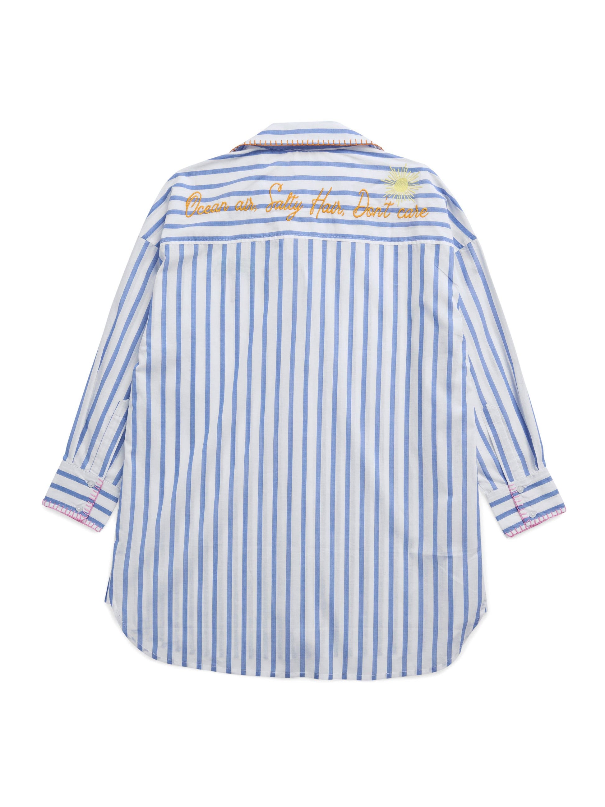 Shiraleah Ocean Air Cover-Up Shirt, back view, blue and white stripes, orange embroidered text, sun graphic, pink trim details.