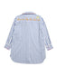 Shiraleah Ocean Air Cover-Up Shirt, back view, blue and white stripes, orange embroidered text, sun graphic, pink trim details.