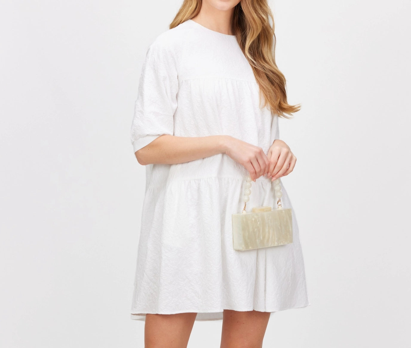 Floral Jacquard Puff Sleeve Tiered Mini Dress White