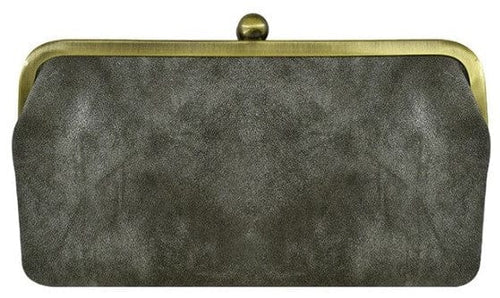 Karen Kiss Lock Clutch in Pewter featuring a distressed metallic fabric body with a gold-toned clasp closure.