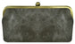 Karen Kiss Lock Clutch in Pewter featuring a distressed metallic fabric body with a gold-toned clasp closure.