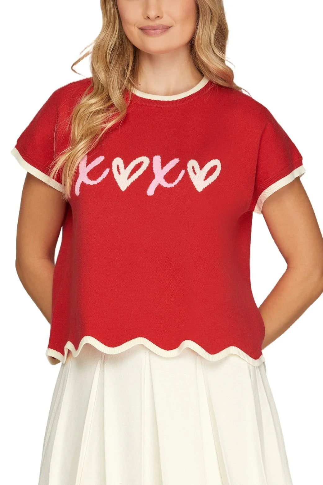 Drop Short Sleeve Scallop Hem XOXO Knit Sweater Top with Contrast Edge