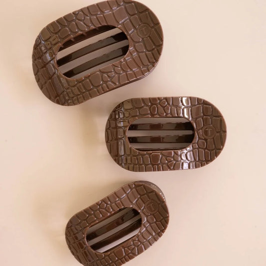 Teleties Flat Round Hair Clip Brown Crocodile