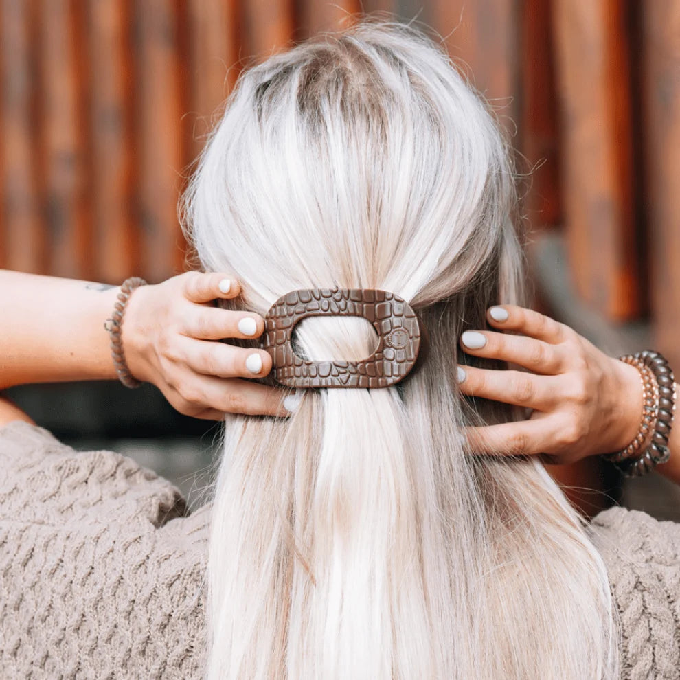 Teleties Flat Round Hair Clip Brown Crocodile