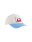 White and blue two-tone baseball cap featuring an embroidered red crab patch on the front panel.