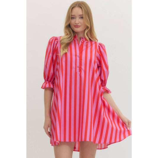 Striped puff sleeve mini dress: Pink