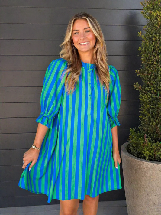 Striped puff sleeve mini dress: Green