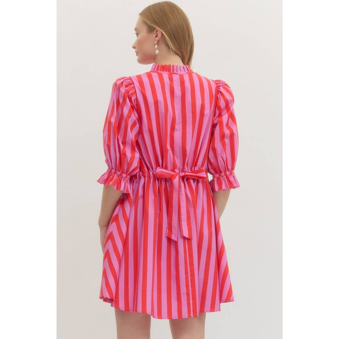 Striped puff sleeve mini dress: Pink