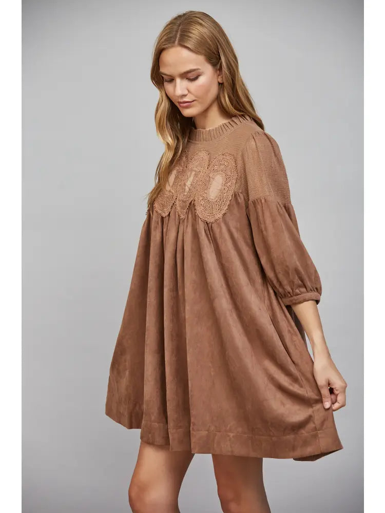 Faux Suede Lace Babydoll Dress Brown