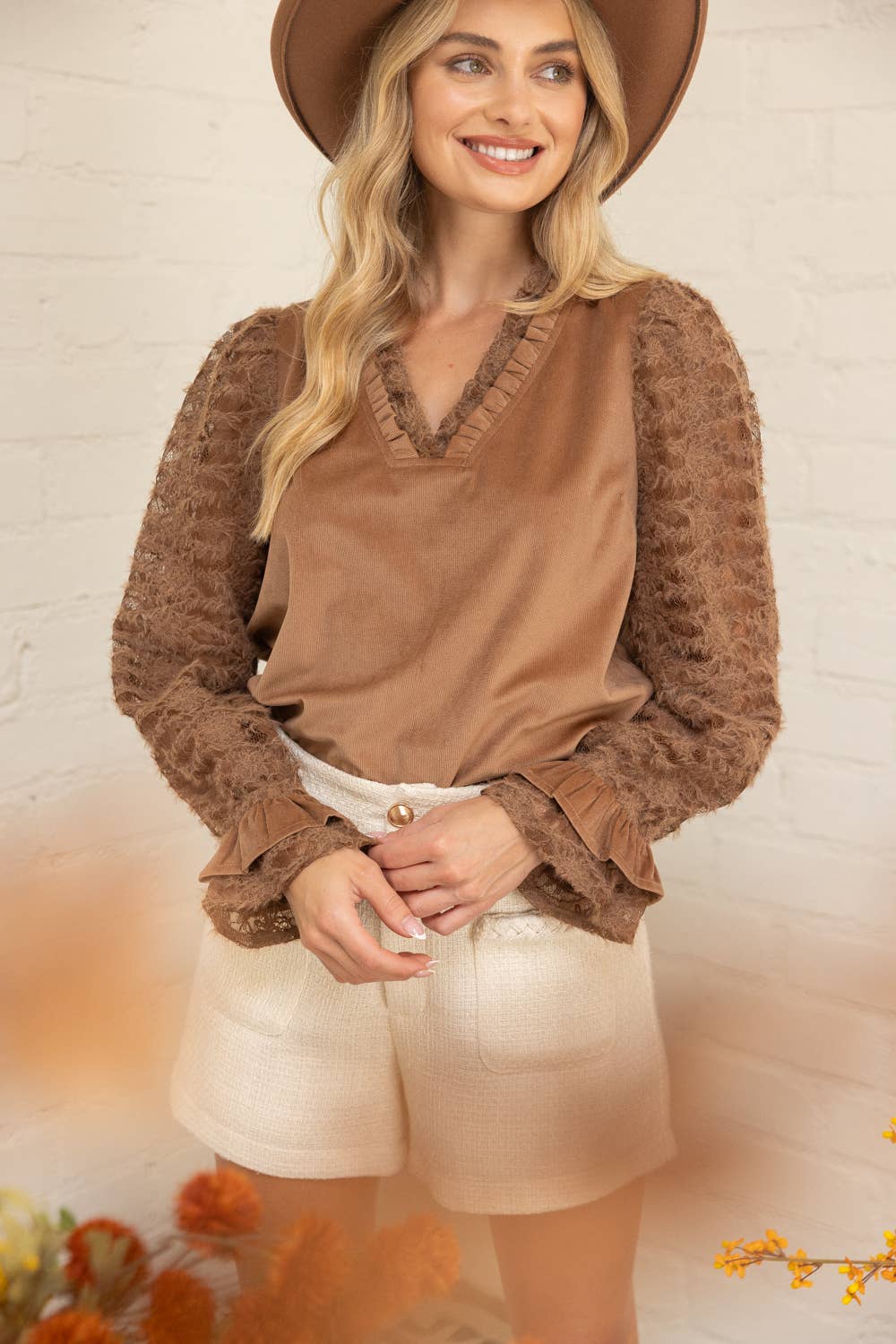 Fuzzy Lace Long Sleeve Ruffle Detailed Corduroy Top Brown