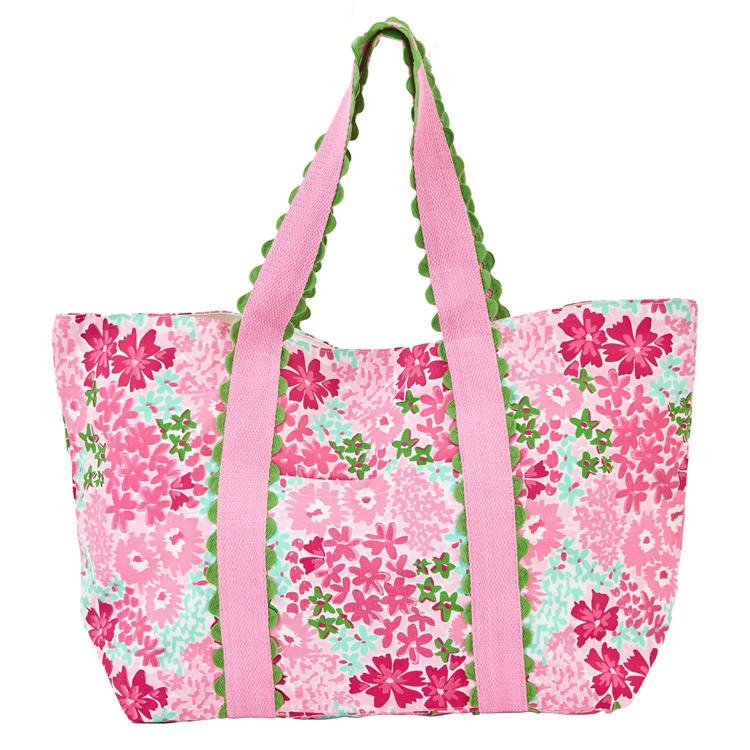 Mary Square Monaco large floral tote bag with pink handles, green scalloped trim, and vibrant pink and mint flower pattern.