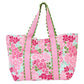 Mary Square Monaco large floral tote bag with pink handles, green scalloped trim, and vibrant pink and mint flower pattern.