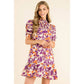 Leaf Print Short Sleeve Smock Dress Purple/Orange