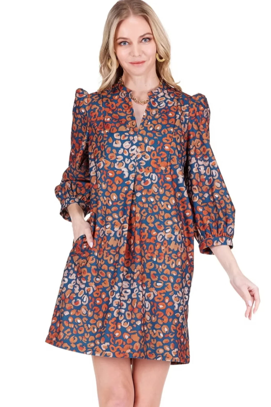 Joy Joy V Neck Corduroy Front Yoke Dress Fall Leopard