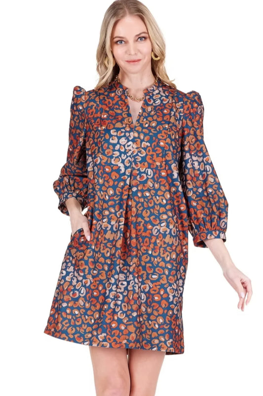 Joy Joy V Neck Corduroy Front Yoke Dress Fall Leopard