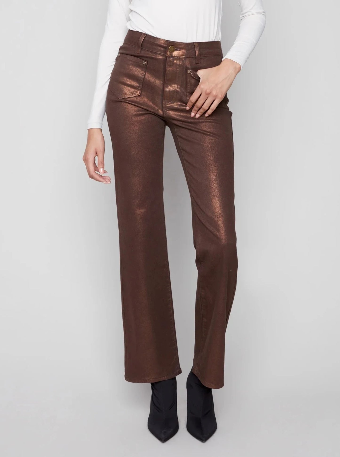 Charlie B Flare Leg Foil Twill Pant Bronze