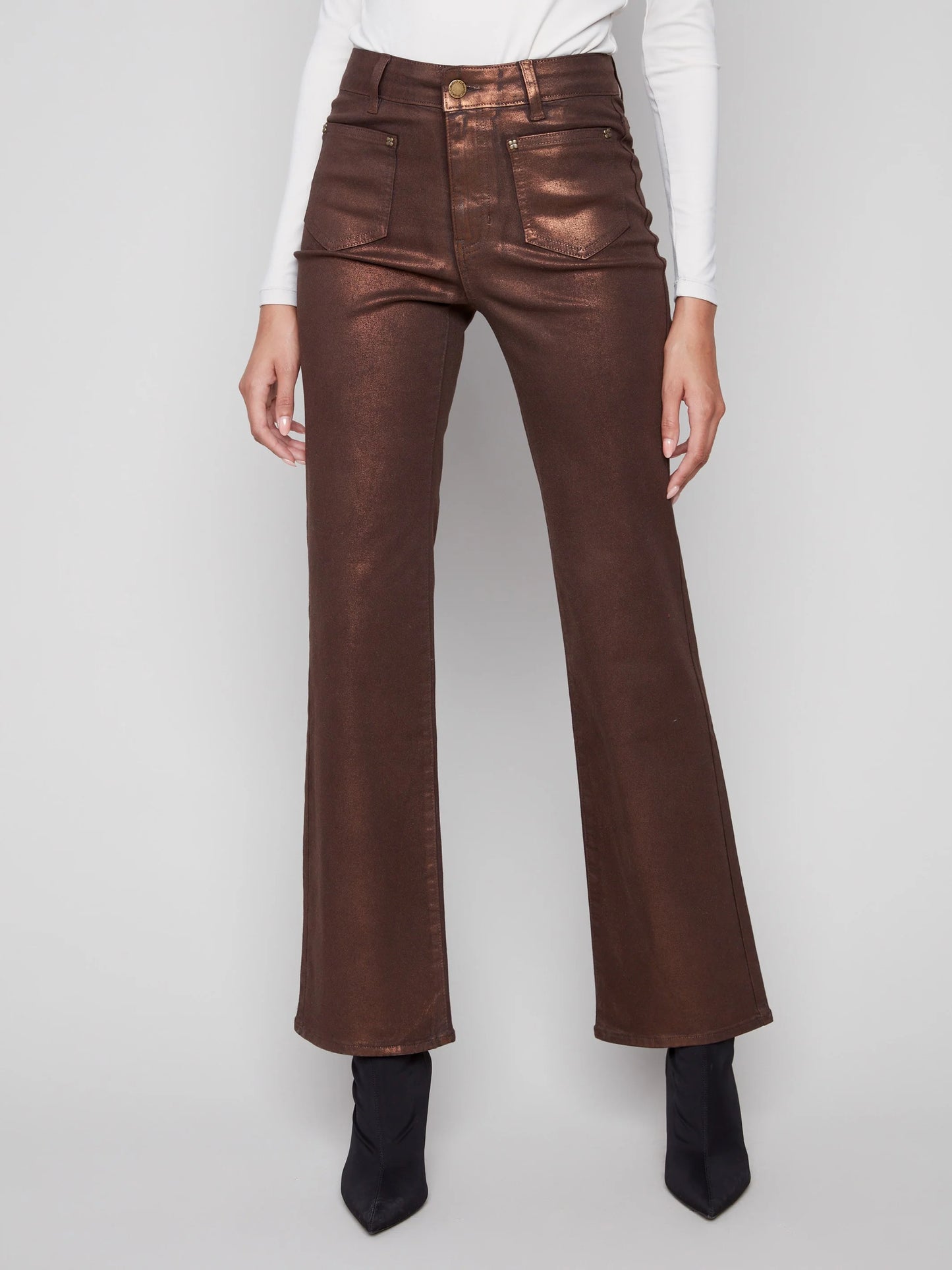 Charlie B Flare Leg Foil Twill Pant Bronze